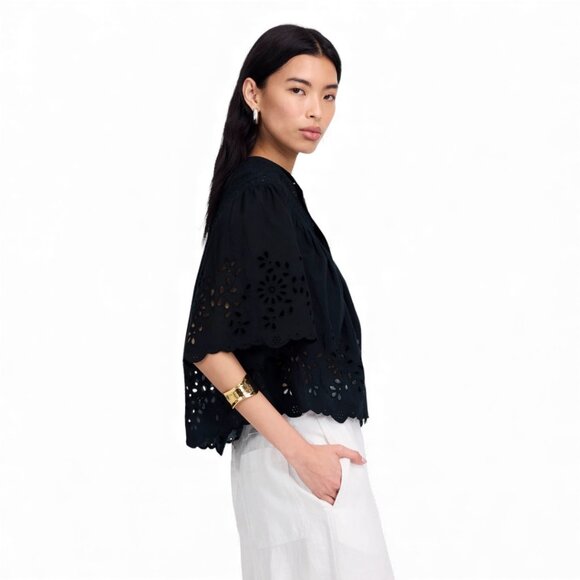 Madewell Black Embroidered Shirred Henley Top Size Small - Picture 2 of 11